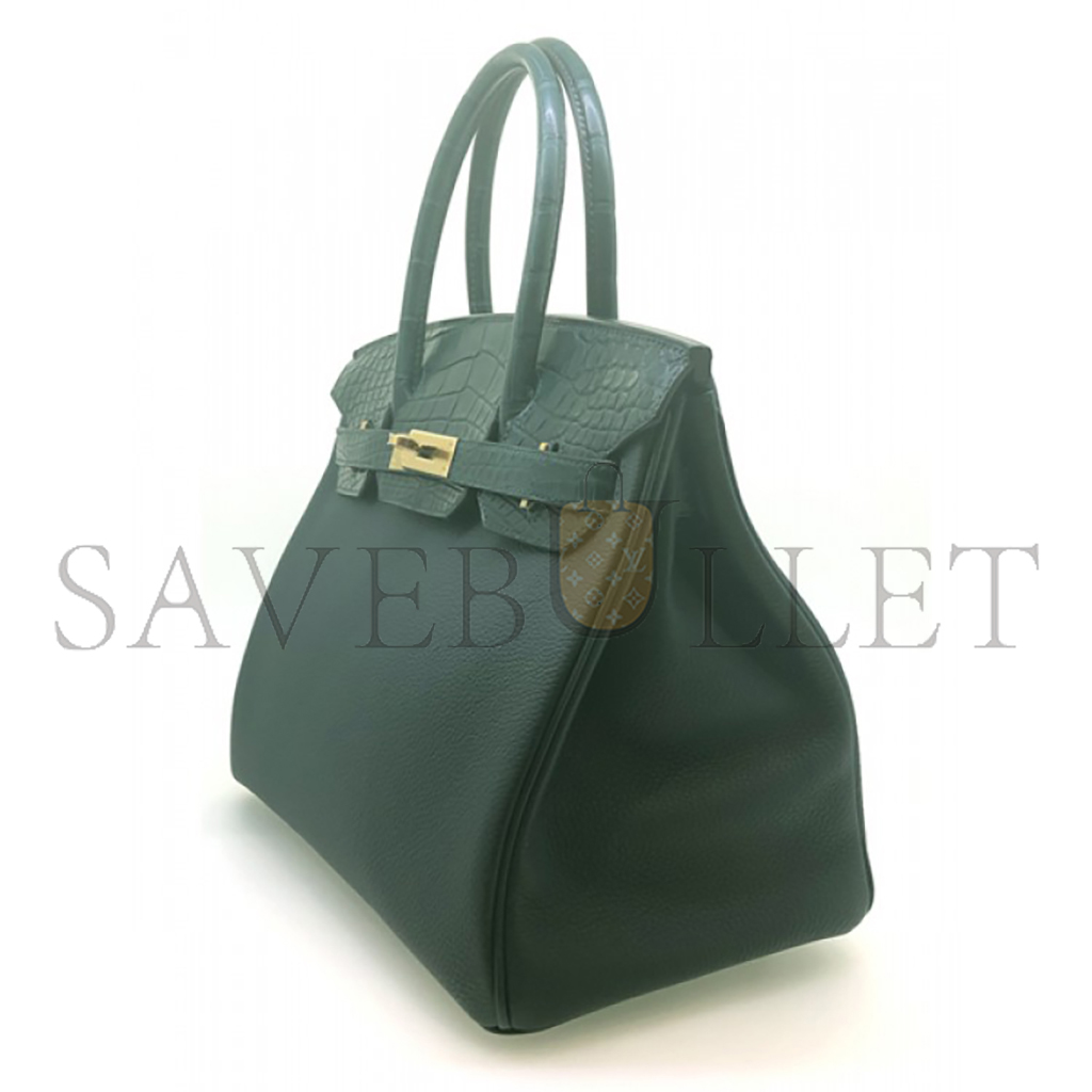 H**mes master birkin 30 matte crocodile and togo leather cypress green gold buckle h076235ck36 (30*22*16cm)